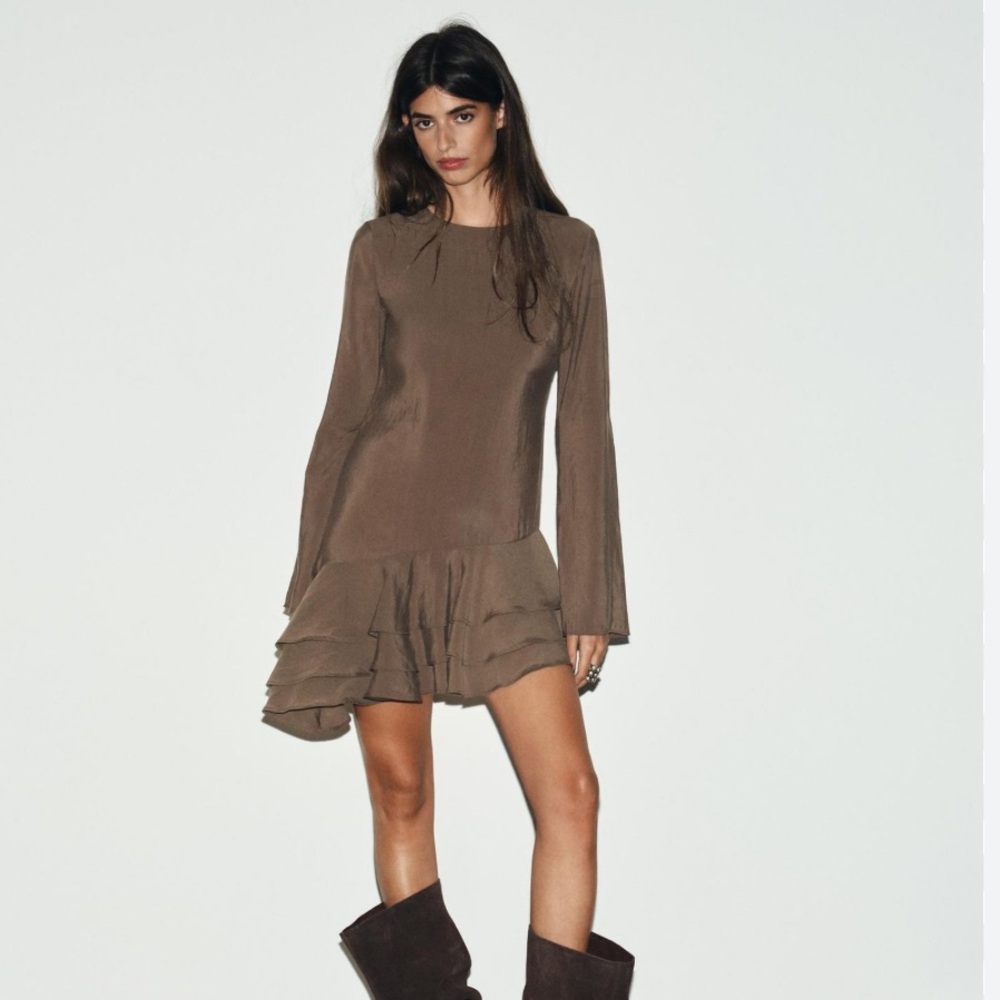 NWT!! Zara Brown Tiered Ruffle Mini Dress - Picture 1 of 4